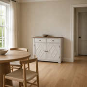 In scale | wine cabinet against the wall beside an open doorway, shown at true size next to a dining table and chairs