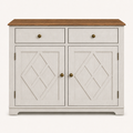 Front | two-tone wine cabinet centered on paper, two X-diamond doors and two drawers with brass ringed knobs