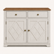 Front | two-tone wine cabinet centered on paper, two X-diamond doors and two drawers with brass ringed knobs