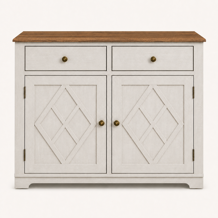 Front | two-tone wine cabinet centered on paper, two X-diamond doors and two drawers with brass ringed knobs