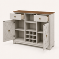 Studio | three-quarter view with both doors and drawers open, showing the stemware rack, open shelf, and wine-bottle grid