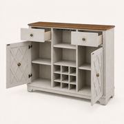 Studio | three-quarter view with both doors and drawers open, showing the stemware rack, open shelf, and wine-bottle grid
