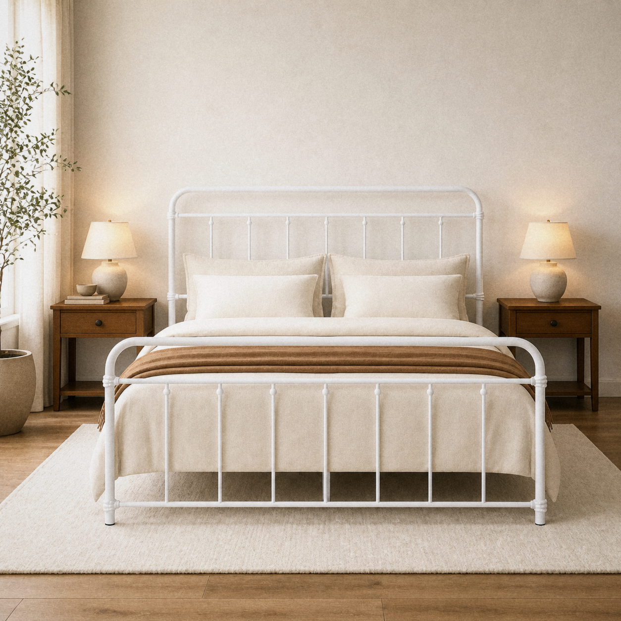 In a room | White metal spindle bed centered between wood nightstands in a bright bedroom