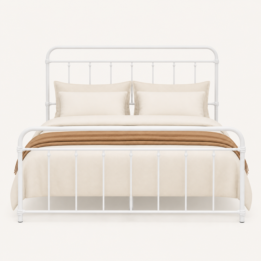 Front | White metal spindle bed shown straight on against a pale background