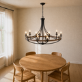 Room angle | a closer view across the dining table toward the hanging fixture