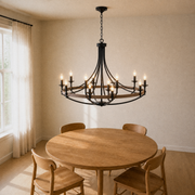 Room angle | a closer view across the dining table toward the hanging fixture