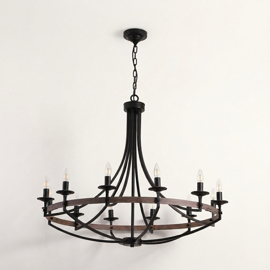 Front | studio front of the matte black ring, chain, and twelve candle lights