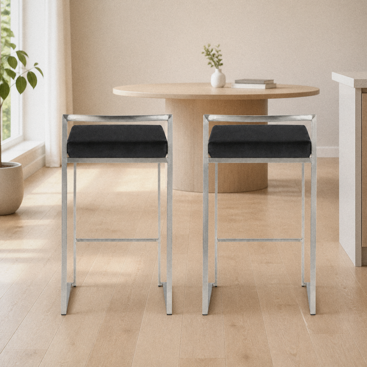 In a room | both matching bar stools at a flax dining room's kitchen island edge, bright soft midday light from the left