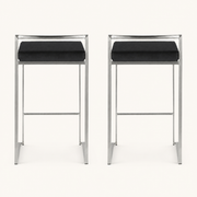 Front | both matching bar stools centered on paper, low back rail and brushed stainless frame visible