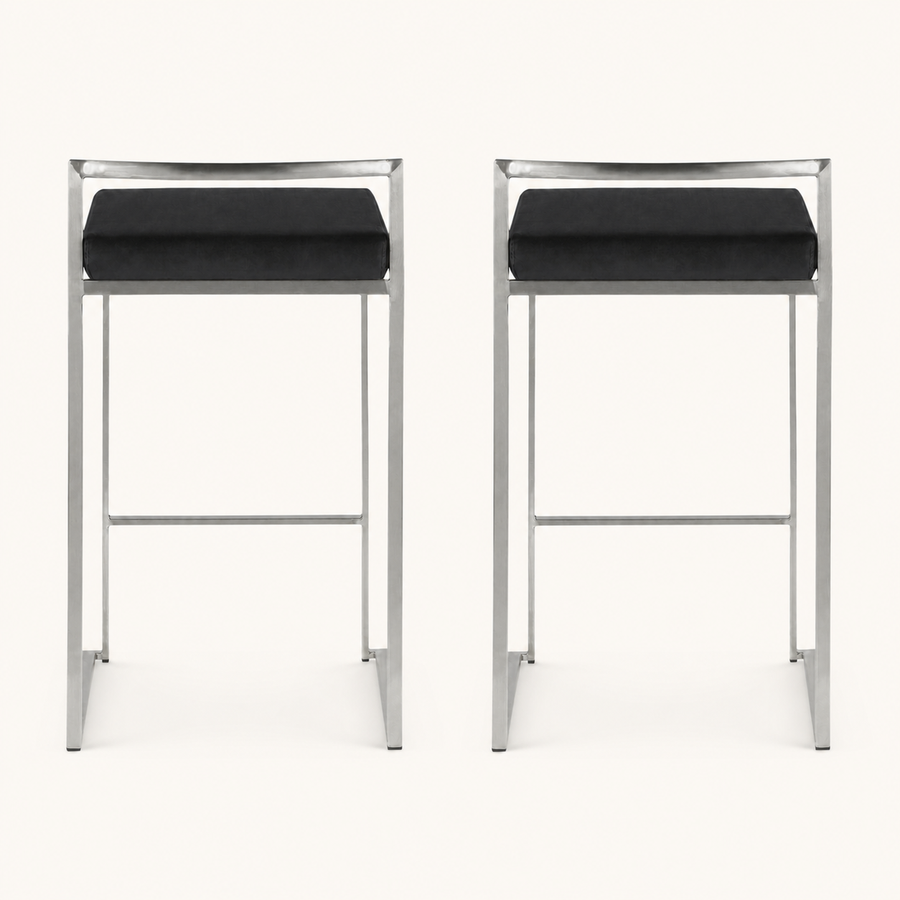 Front | both matching bar stools centered on paper, low back rail and brushed stainless frame visible