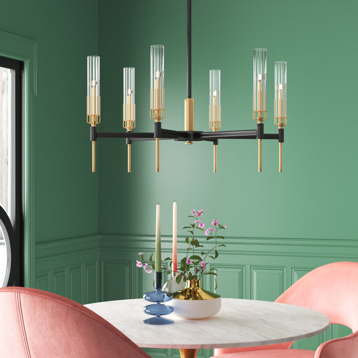 Candelabra Chandelier with Clear Glass Shades in Black and Gold