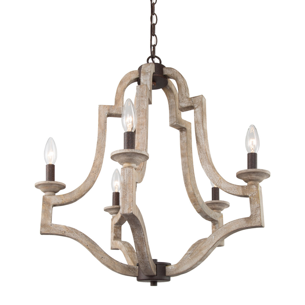 Candle-Style Chandelier, 5 Lights, Gold Wood with Wrought Iron