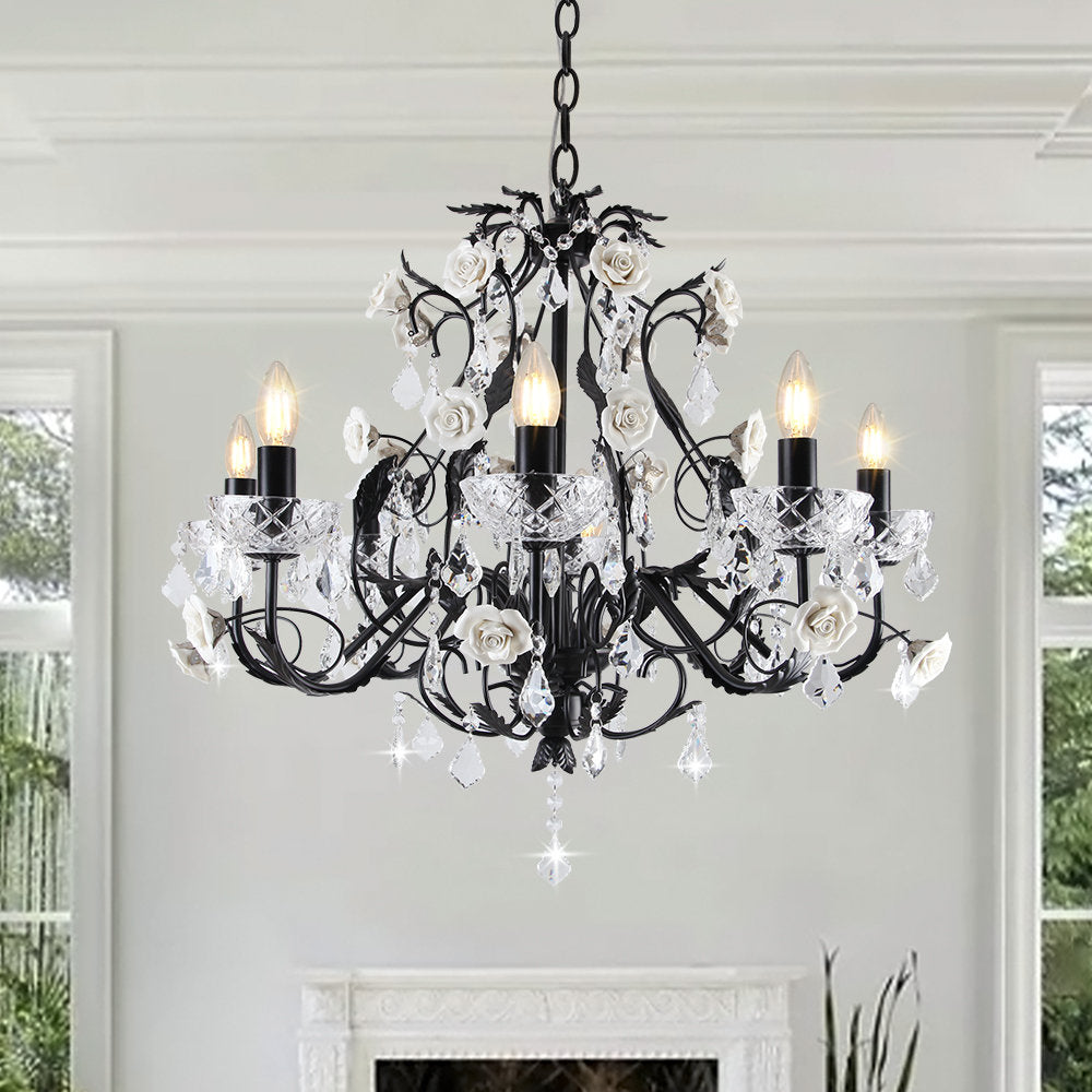 Candle-Style Chandelier, 8 Lights, Matte Black Metal with Crystal Accents