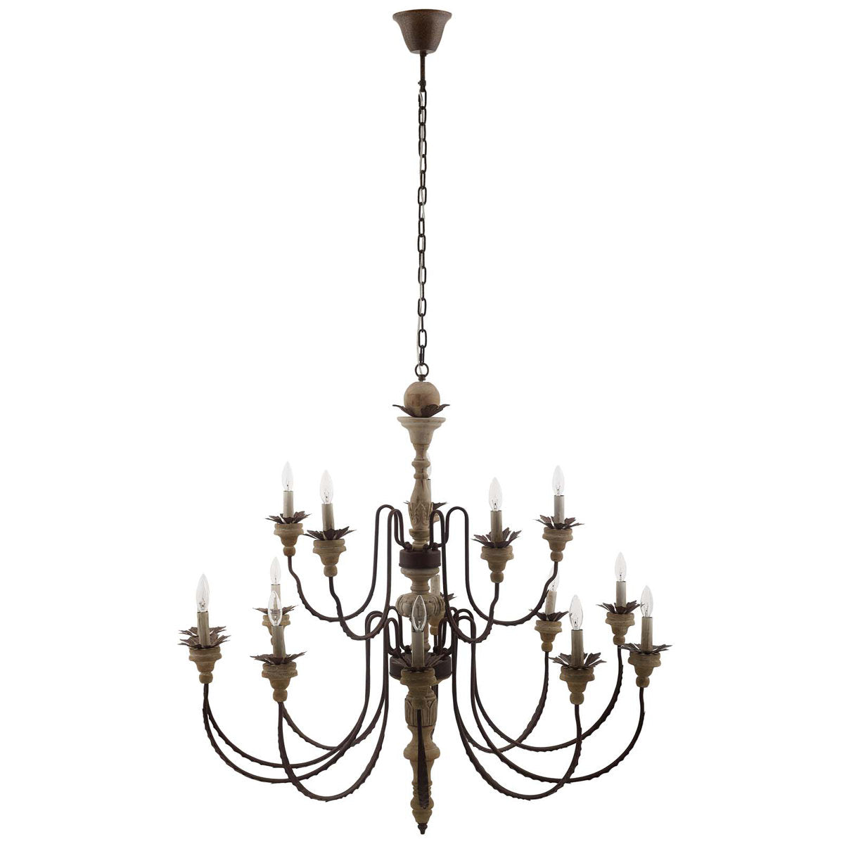 Candle Style Chandelier with 15 Lights in Antique Rust Metal and Wood