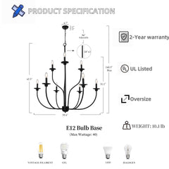Candle-Style Chandelier with 9 Lights and 2 Tiers in Matte Black