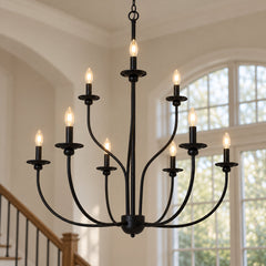 Candle-Style Chandelier with 9 Lights and 2 Tiers in Matte Black