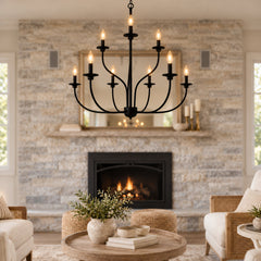 Candle-Style Chandelier with 9 Lights and 2 Tiers in Matte Black