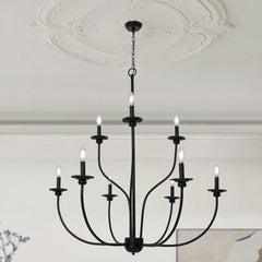 Candle-Style Chandelier with 9 Lights and 2 Tiers in Matte Black