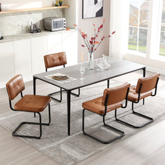 Cantilever Dining Chairs, Set of 4, Brown Faux Leather with Matte Black Steel Legs
