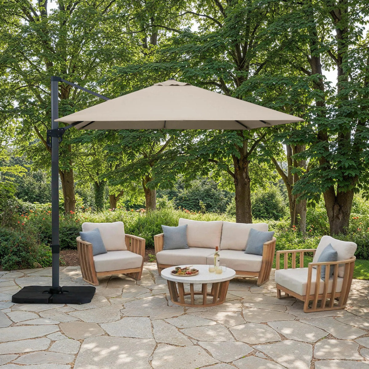 Cantilever Parasol, 10 Ft Square Polyester Canopy in Beige with Gray Aluminum Pole
