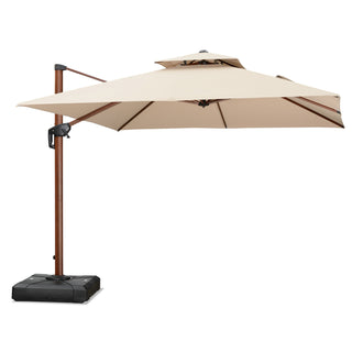 Cantilever Patio Umbrella, 10 Ft Square, Beige with Wood Pattern Aluminum Pole