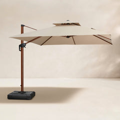 Cantilever Patio Umbrella, 10 Ft Square, Beige with Wood Pattern Aluminum Pole