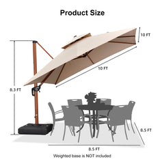 Cantilever Patio Umbrella, 10 Ft Square, Beige with Wood Pattern Aluminum Pole
