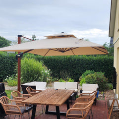Cantilever Patio Umbrella, 10 Ft Square, Beige with Wood Pattern Aluminum Pole