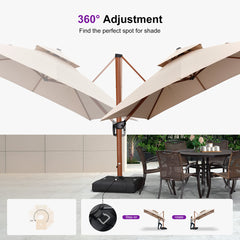 Cantilever Patio Umbrella, 10 Ft Square, Beige with Wood Pattern Aluminum Pole