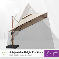Cantilever Patio Umbrella, 10 Ft Square, Beige with Wood Pattern Aluminum Pole