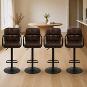 In a room | all four matching stools at a flax dining room's island edge, bright midday light from the left