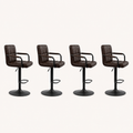 Studio | all four stools at a true three-quarter studio angle, tufted back depth and the pedestal base both reading