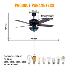 Ceiling Fan, 52 in Blade Span, Matte Black with Stained Glass Shade