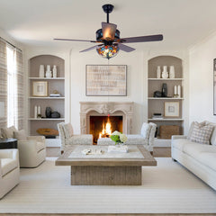 Ceiling Fan, 52 in Blade Span, Matte Black with Stained Glass Shade