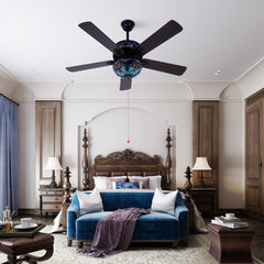 Ceiling Fan, 52 in Blade Span, Matte Black with Stained Glass Shade