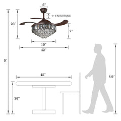 Ceiling Fan Light, 42 Inch, Iron Body with Crystal Shade