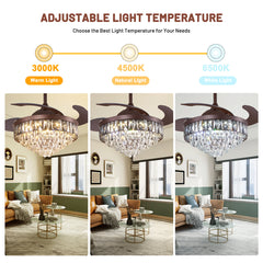 Ceiling Fan Light, 42 Inch, Iron Body with Crystal Shade