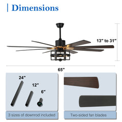 Ceiling Fan with 8 Wood Blades and Light Kit, 65 Inch, Matte Black