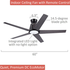 Ceiling Fan with LED Light, 60 Inch Solid Wood Blades, Black and Charcoal
