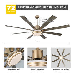Ceiling Fan with Light, 72 Inch, 8 Reversible Wood Blades