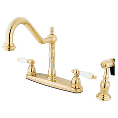 Centerset Kitchen Faucet, Heirloom, Two-Handle with Side Sprayer in Polished Brass