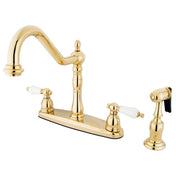 Centerset Kitchen Faucet, Heirloom, Two-Handle with Side Sprayer in Polished Brass
