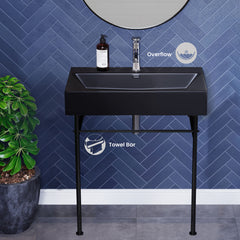 Ceramic Console Sink, Claire, 30 Inch with Towel Bar in Matte Black