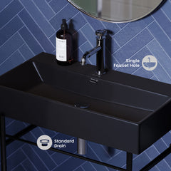 Ceramic Console Sink, Claire, 30 Inch with Towel Bar in Matte Black