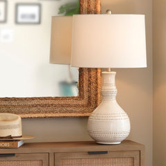 Ceramic Lamp, 28 in Tall, White Linen Shade with Reactive Glaze Base