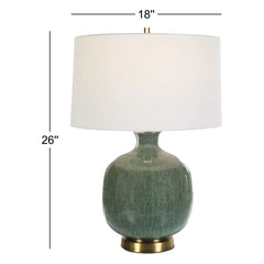 Ceramic Table Lamp with Green Crackle Glaze and White Linen Shade