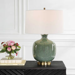 Ceramic Table Lamp with Green Crackle Glaze and White Linen Shade