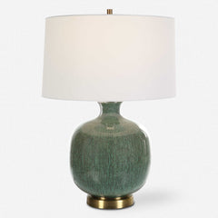 Ceramic Table Lamp with Green Crackle Glaze and White Linen Shade