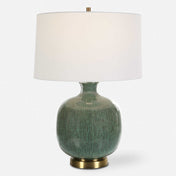 Ceramic Table Lamp with Green Crackle Glaze and White Linen Shade