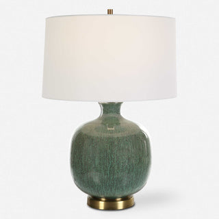 Ceramic Table Lamp with Green Crackle Glaze and White Linen Shade